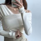 Cold-shoulder Plain Skinny Long-sleeve Knitted Top/high Waist Plain Skirt