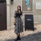 Puff-sleeve Floral Print Midi A-line Dress / Faux Leather Camisole Top