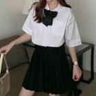 Short-sleeve Plain Shirt / Bow Tie / Mini Pleated Skirt / Set