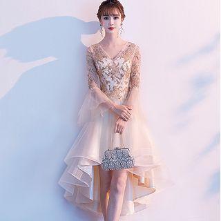 Flared-cuff Floral Applique A-line Cocktail Dress