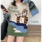Long-sleeve Cartoon Printed Knit Top As Shown In Figure - One Size
