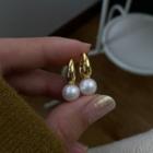 Bead Drop Ear Stud 1 Pair - Gold & White - One Size