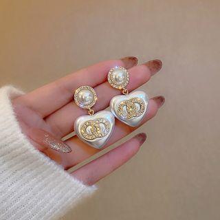 Faux Pearl Heart Drop Earring 1 Pair - Silver Needle - Love Heart - Pearl White - One Size
