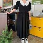 Contrast-collar Puff-shoulder Maxi Dress Black - One Size