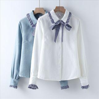 Plaid-trim Tie-neck Shirt