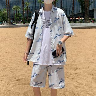 Set: Short-sleeve Letter Print Shirt + Wide Leg Letter Print Shorts