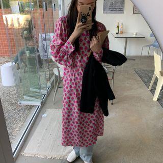 Long-sleeve Floral Midi A-line Dress Floral Print - Pink - One Size