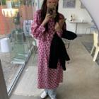 Long-sleeve Floral Midi A-line Dress Floral Print - Pink - One Size