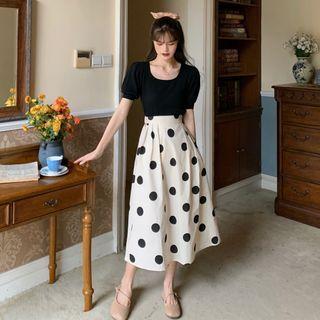 Short-sleeve Scoop-neck Knit Top / Dotted Midi A-line Skirt
