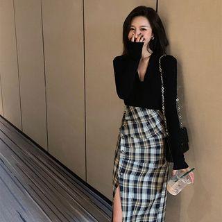 Set: Long-sleeve V-neck Top + Midi Plaid Sheath Skirt