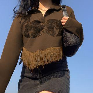 Long-sleeve Print Fringe Cropped Sweatshirt