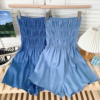 Smocked Denim Tube Playsuit