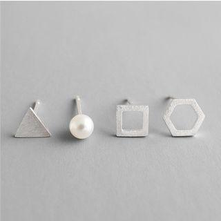 Set Of 4: Geometric / Faux Pearl Earring (assorted Designs) Set Of 4 - 925 Silver - With Silver Earring Backs - Silver - One Size