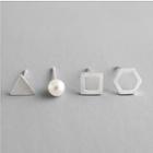 Set Of 4: Geometric / Faux Pearl Earring (assorted Designs) Set Of 4 - 925 Silver - With Silver Earring Backs - Silver - One Size