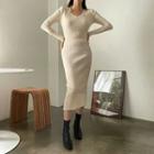 Slit-back Rib-knit Long Bodycon Dress