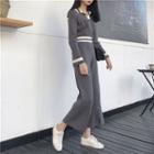 Set: Color-block Knit Top + High-waist Knit Wide-leg Pants