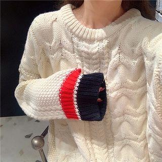 Color-block Cable-knit Long-sleeve Sweater Almond - One Size