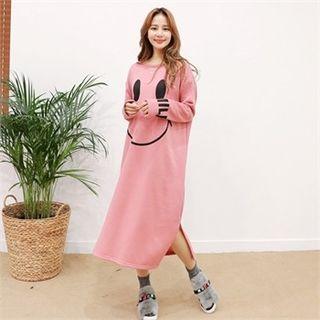 Smile Print Lettering Fleece-lined Long T-shirt Dress