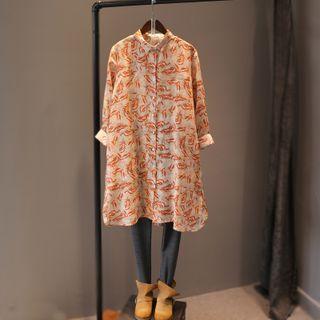 Long-sleeve Print Midi Shirtdress Orange - One Size