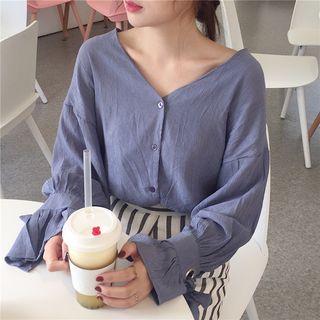 V-neck Tie Cuff Plain Blouse