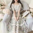 Lace Trim Square-neck Floral Short-sleeve Midi A-line Dress