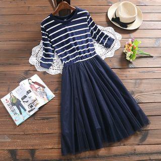 Striped Elbow-sleeve Mesh Panel A-line Dress