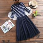 Striped Elbow-sleeve Mesh Panel A-line Dress