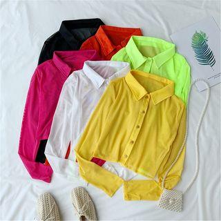 Plain Cropped Long-sleeve Sheer Shirt