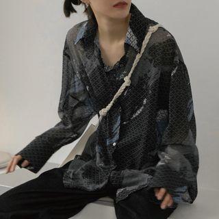 Geometric Print Long-sleeve Sheer Shirt
