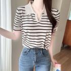 V-neck Stripe Knit Polo Shirt
