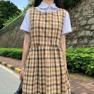 Short-sleeve Shirt / Plaid Midi A-line Overall Dress