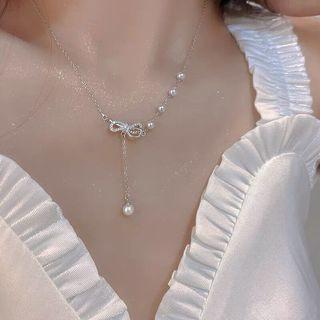 Bow Rhinestone Faux Pearl Pendant Alloy Necklace Silver - One Size