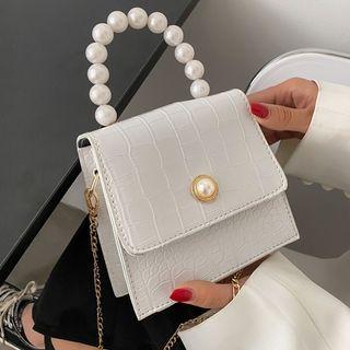 Faux-leather Beaded Flap Satchel