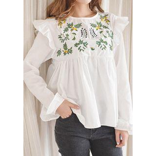 Frill-shoulder Flower-embroidered Top