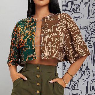 Elbow-sleeve Print Crop Top