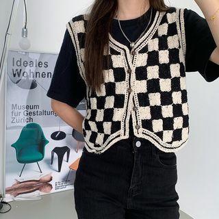 Checkerboard Button-up Sweater Vest Black & White - One Size