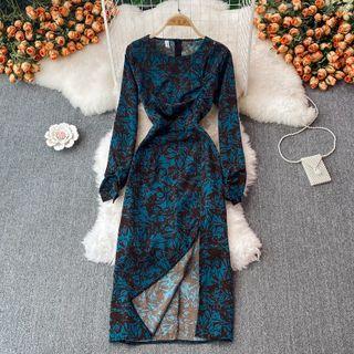Long Sleeve Printed Slit Maxi Dress