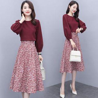Set: Puff-sleeve Blouse + Printed Midi Skirt