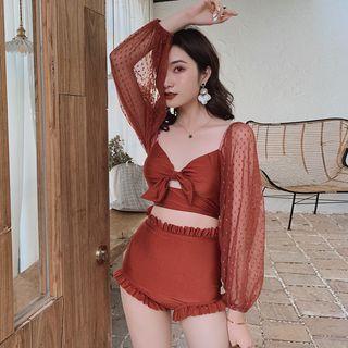 Set: Panel Sleeve Tankini Top + High-waist Frilled Bottom