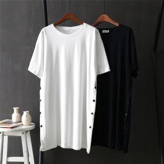 Short-sleeve Buttoned-side Long T-shirt