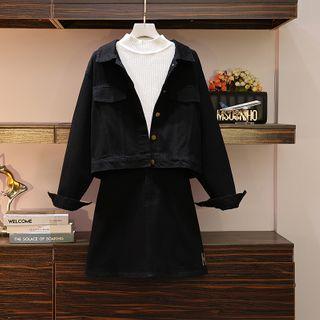 Set: Lettering Button Denim Jacket + Mini A-line Skirt