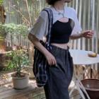 Set: Crop Tank Top + Short-sleeve Shrug Set Of 2 - Shrug & Tank Top - Black & Beige - One Size