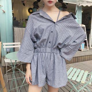 Pinstripe Long-sleeve Spaghetti Strap Playsuit