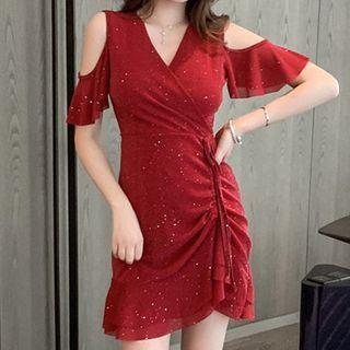 Cold-shoulder V-neck Shirred Mini Sheath Dress