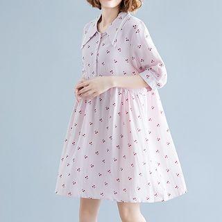 Elbow-sleeve Cherry Print Shirtdress