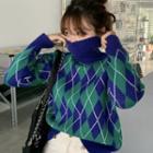 Turtleneck Argyle Sweater Blue & Green - One Size
