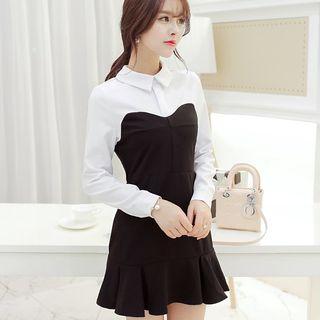 Long-sleeve Color Block Ruffle Trim Dress