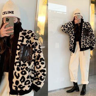 Leopard Faux-shearling Zip-up Jacket Beige - One Size