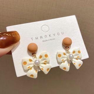 Polka Dot Bow Faux Pearl Alloy Dangle Earring E4396 - 1 Pair - 925 Silver - Yellow Dot - White - One Size
