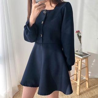 Square-neck Button-trim Minidress